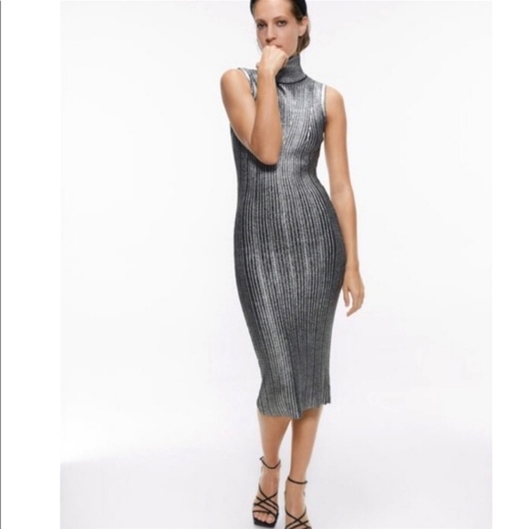 Zara - Silver Metallic Knit Bodycon Dress - Size S - Picture 2 of 14